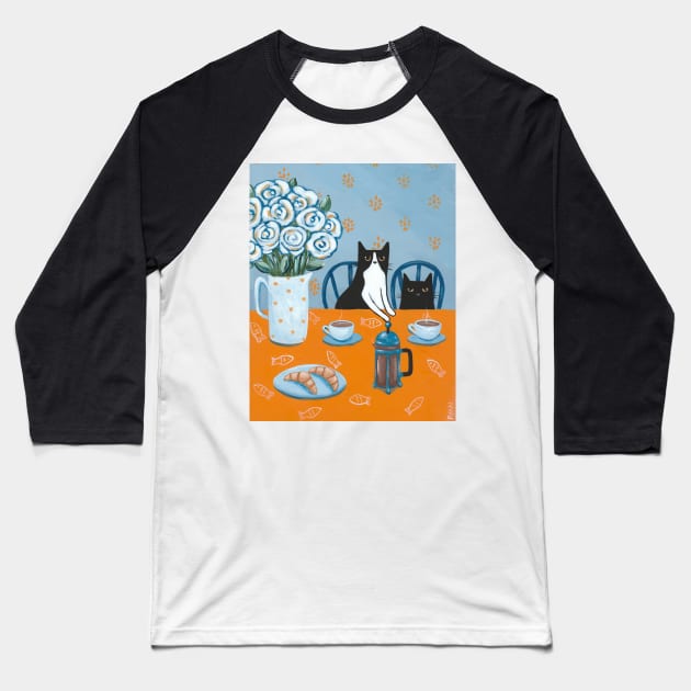 French Press Coffee Cats Baseball T-Shirt by KilkennyCat Art